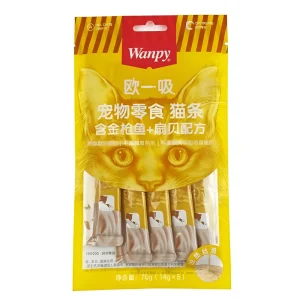 بستنی گربه ونپی زرد با طعم ماهی تن و گوش‌ماهی – بسته ۵ عددی Wanpy Creamy Lickable Cat Treat – Tuna & Scallop Flavour