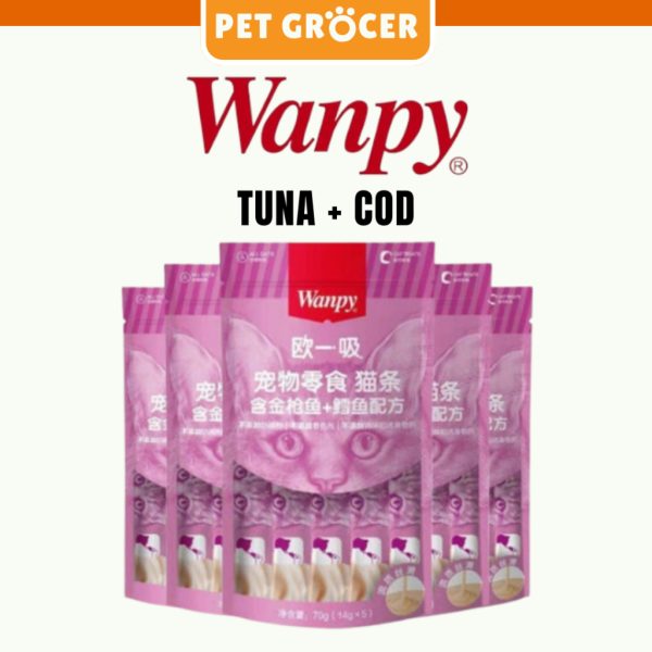 بستنی گربه ونپی صورتی با طعم تن و ماهی کاد – بسته ۵ عددی Wanpy Creamy Lickable Cat Treat – Tuna & Codfish Flavour